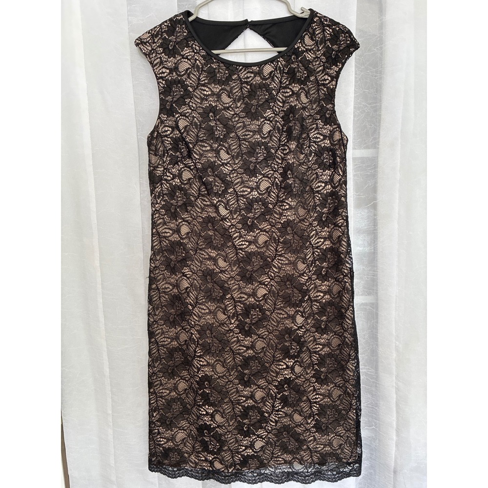 Maggy London Black Floral Lace Cutout Back Sheath Dress Nude Lining Size 10